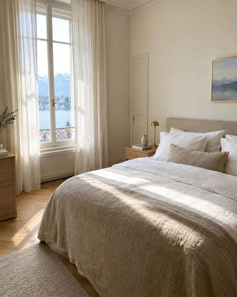 Schlafzimmer im Morgenlicht mit Bettwäsche aus Leinen in Weiss und Sand