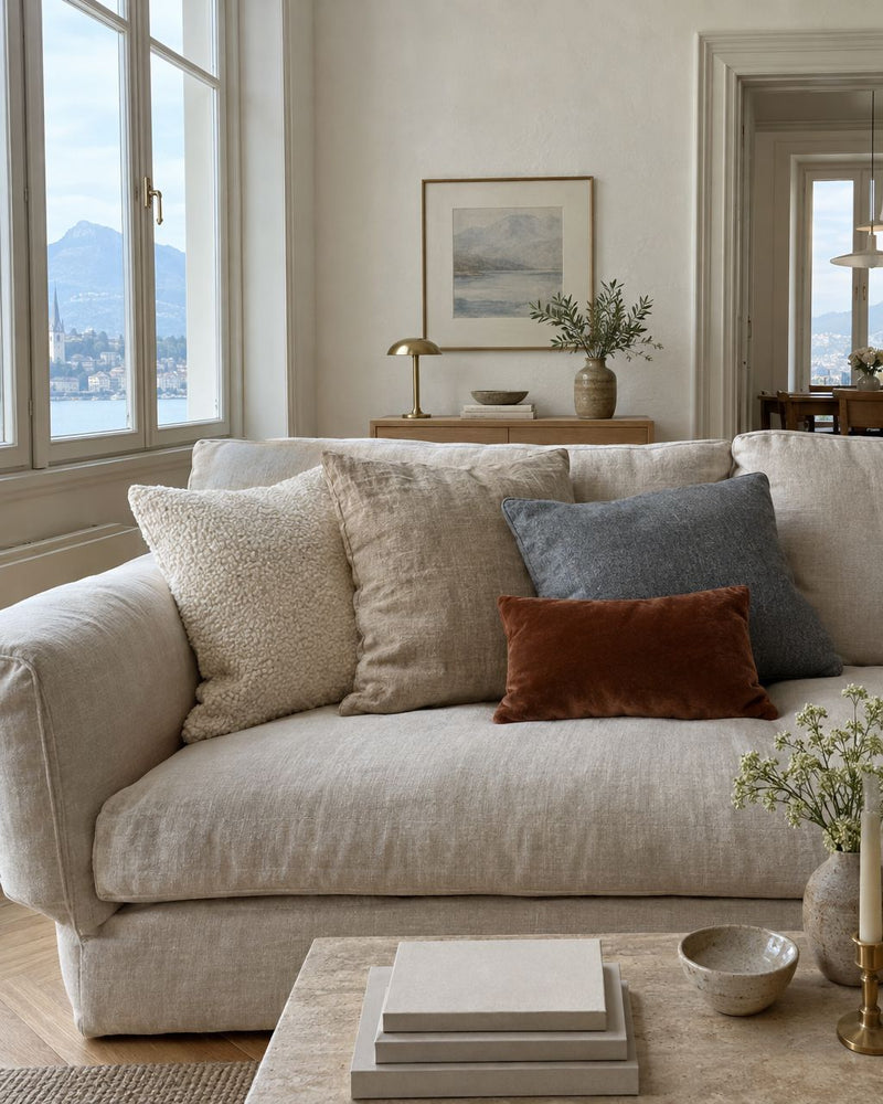 Leinensofa mit Kissen in Elfenbein, Sand und Seegrau