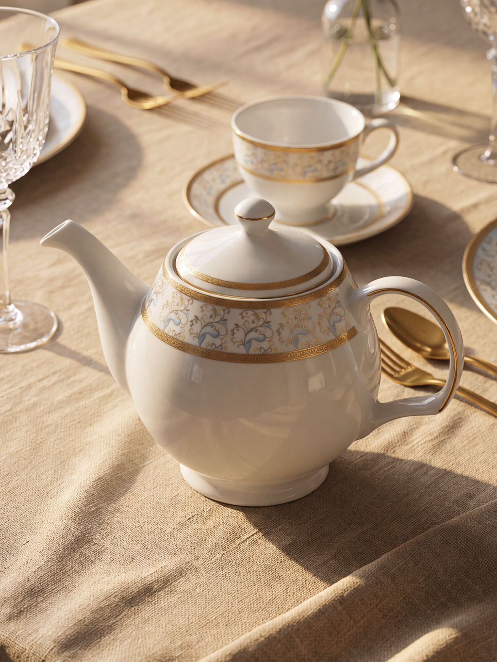 Teekanne aus Porzellan mit Milchkännchen und floralem Golddekor