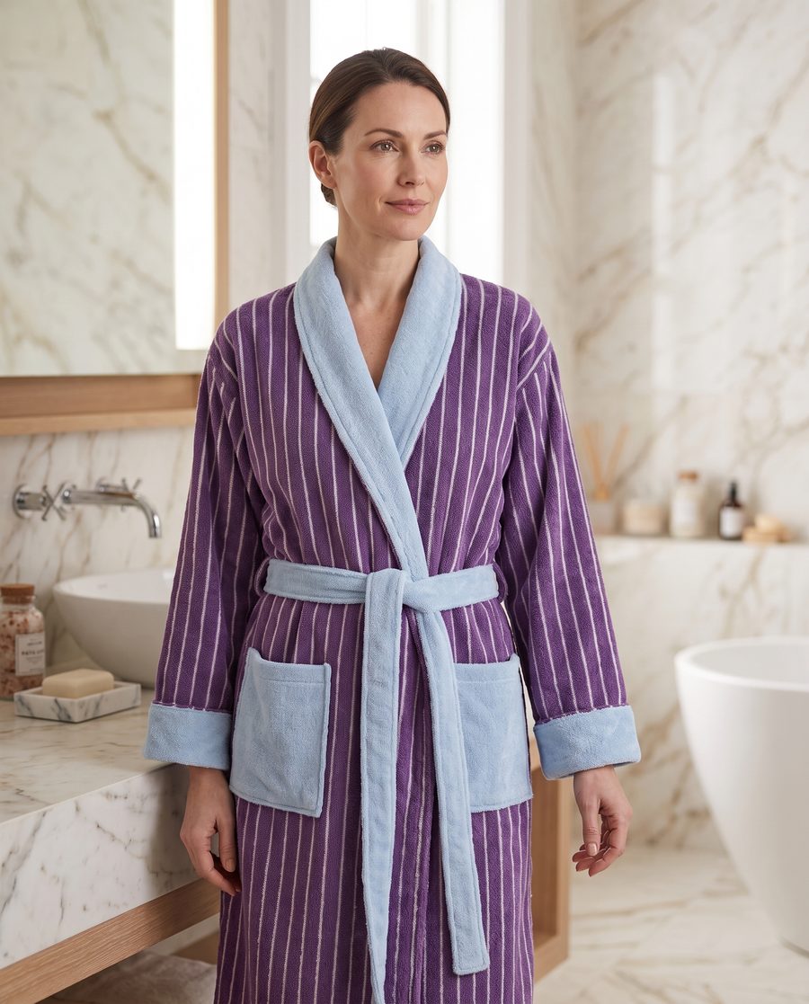 Bademantel Damen aus Bio-Baumwolle, lang und gestreift mit Gürtel