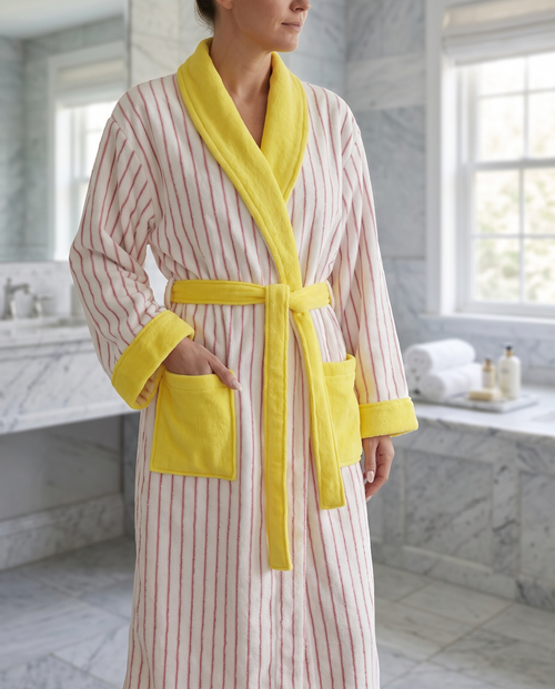 Bademantel Damen aus Bio-Baumwolle, lang und gestreift mit Gürtel