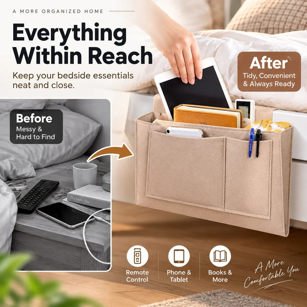 Bettorganizer mit Fächern, Betttasche zum Einklemmen