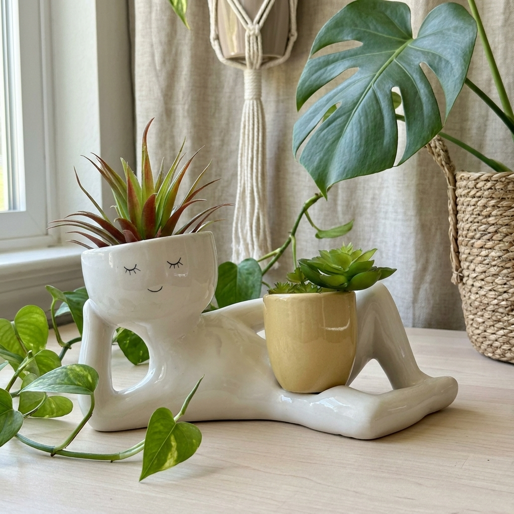 Blumentopf als liegende Figur in glänzender Keramikoptik