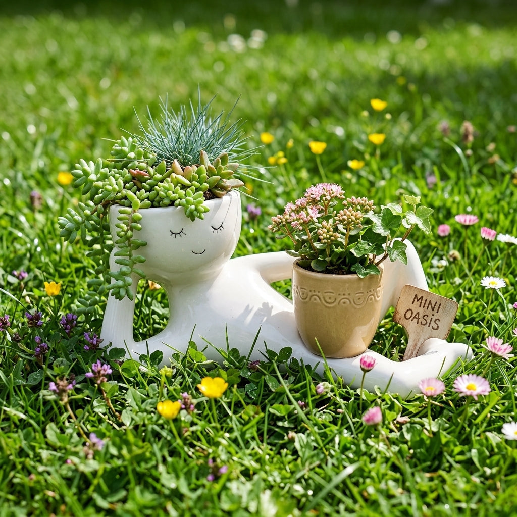 Blumentopf als liegende Figur in glänzender Keramikoptik