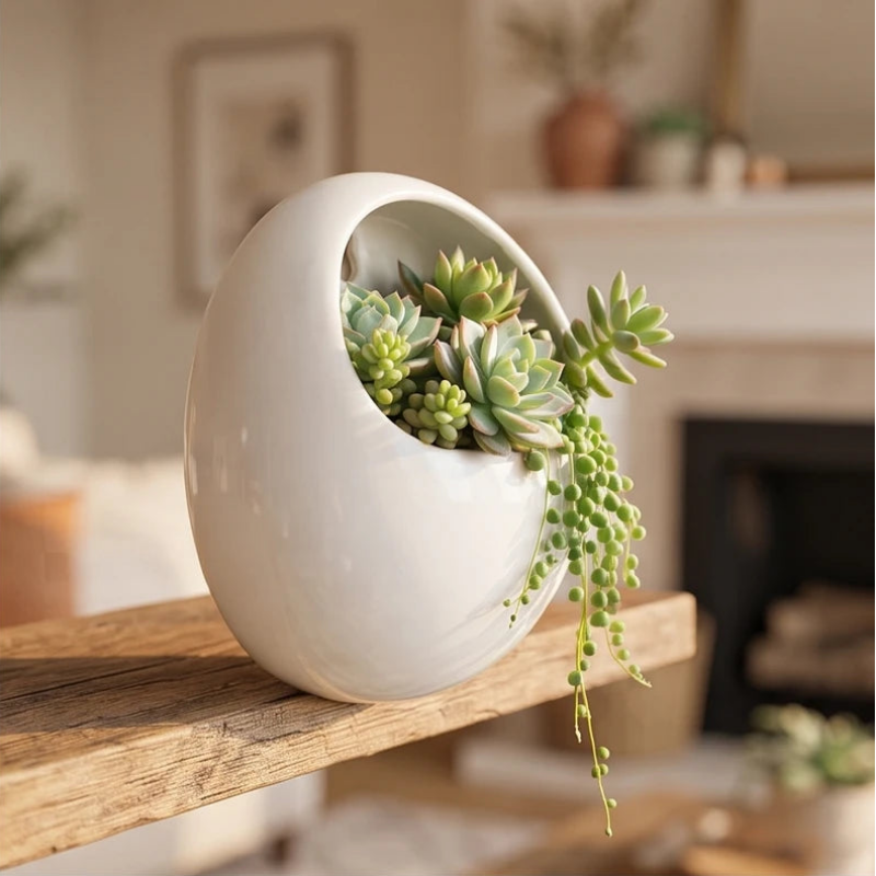 Blumentopf aus glasierter Keramik, rund zur Wandmontage