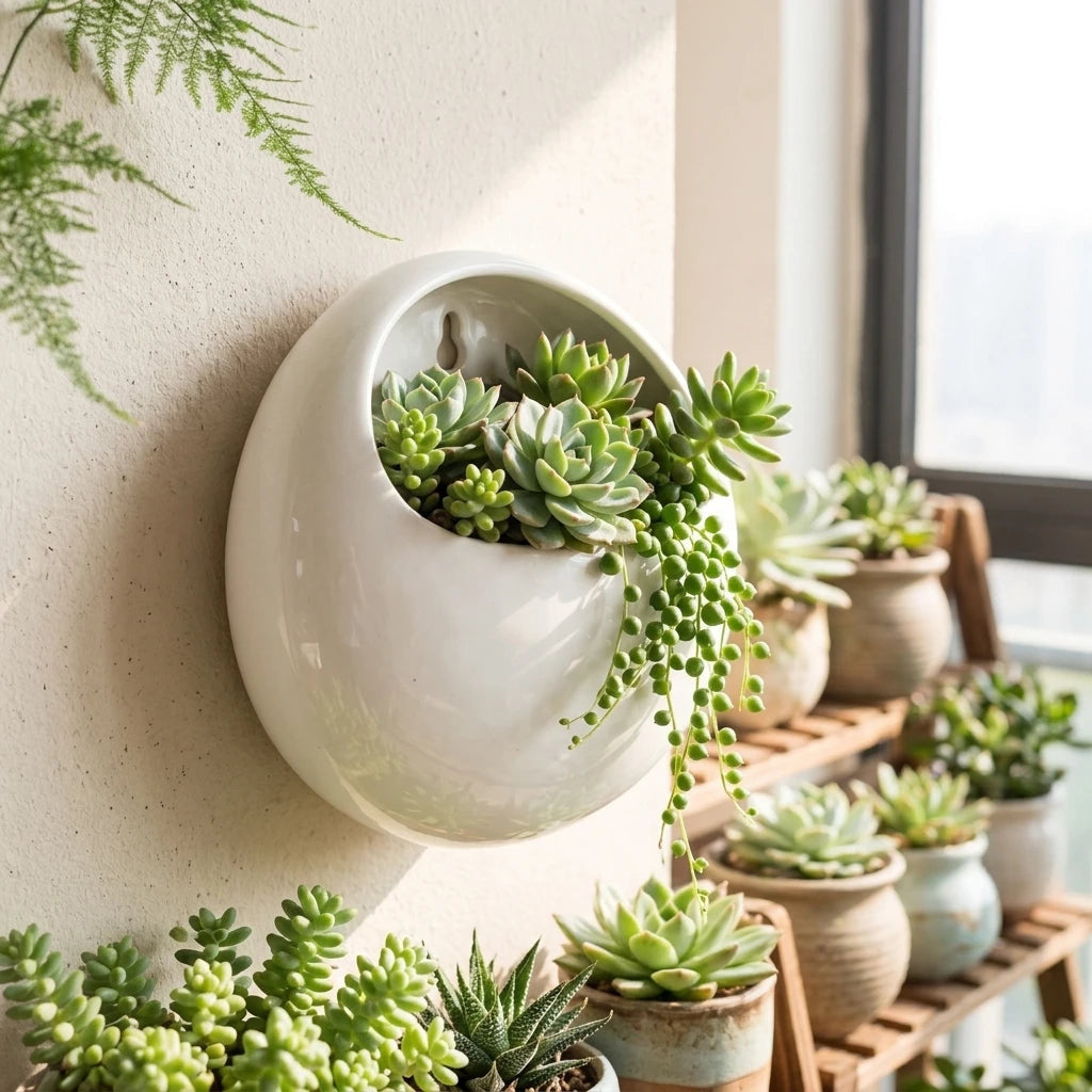 Blumentopf aus glasierter Keramik, rund zur Wandmontage