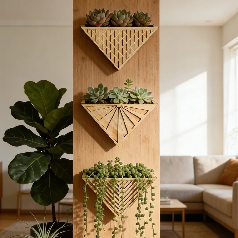 Blumentopf aus Holz zur Wandmontage mit geometrischem Dreieckdesign