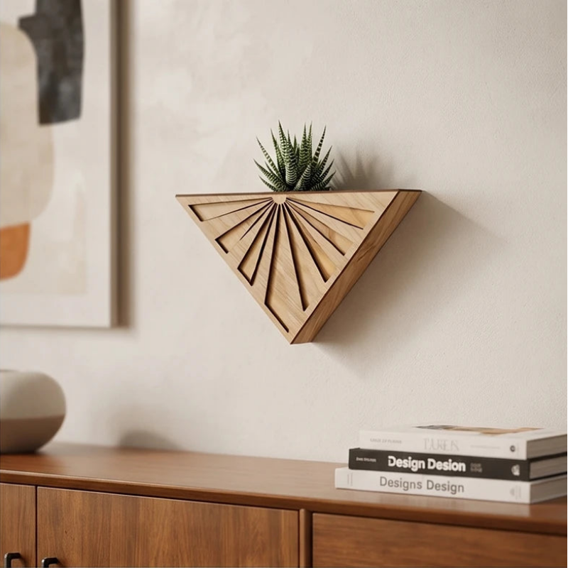Blumentopf aus Holz zur Wandmontage mit geometrischem Dreieckdesign