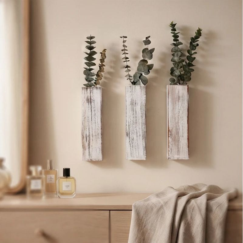Blumentopf aus Massivholz zur Wandmontage, schmale Wandvase