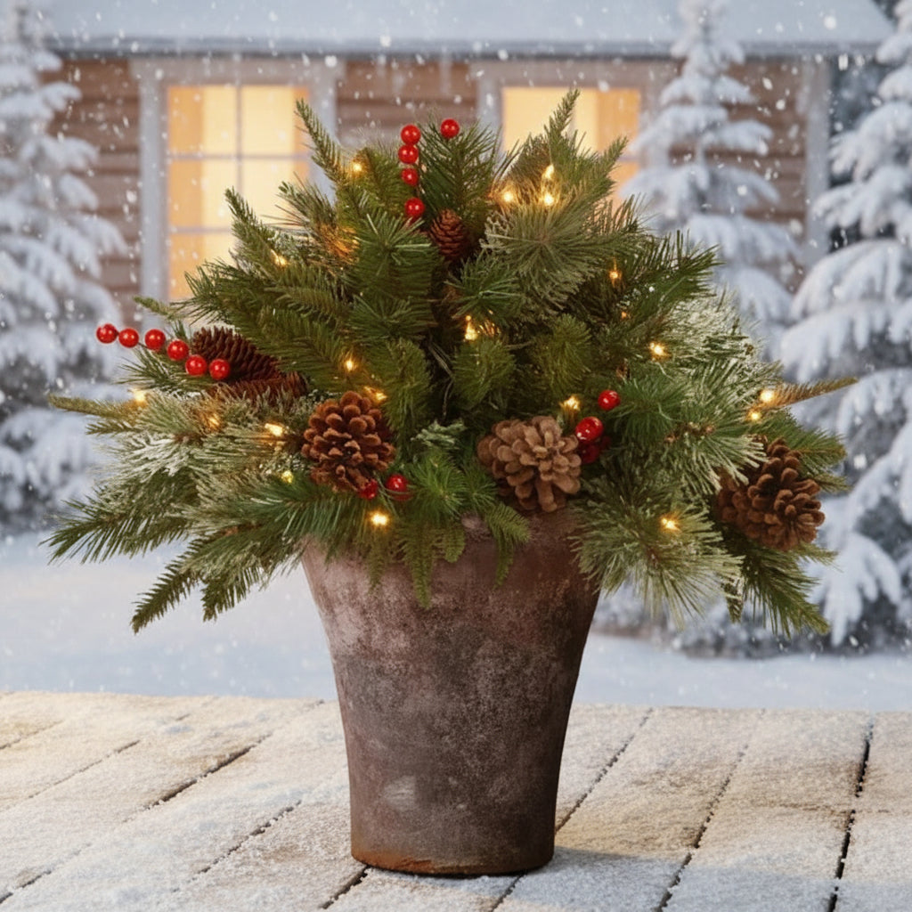 Kunstpflanze mit LED-Beleuchtung, weihnachtliches Nadelarrangement