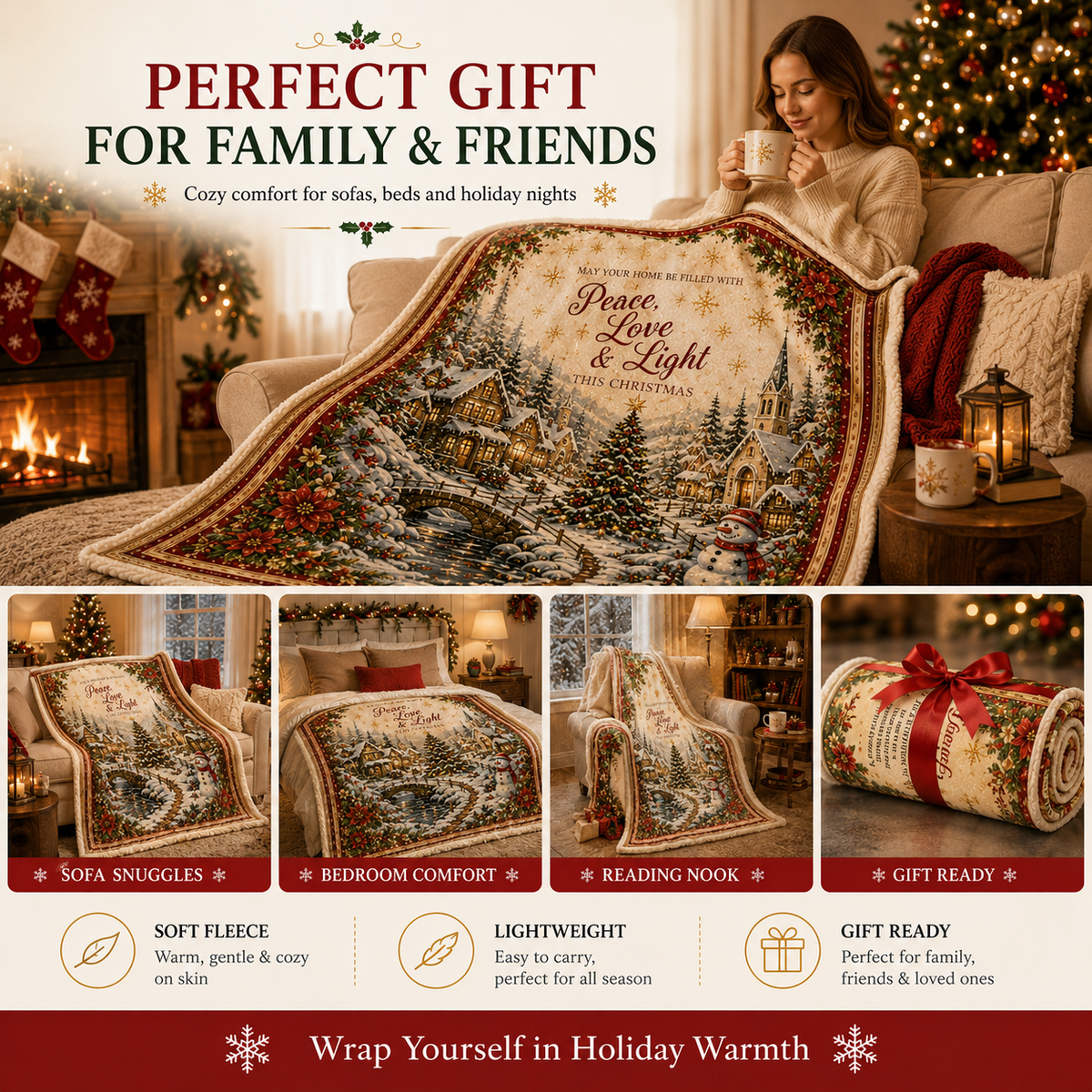 Kuscheldecke aus Flanell-Fleece mit Weihnachtsmotiven, weich und leicht - Ansicht 3