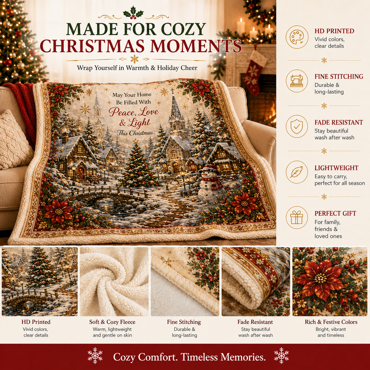 Kuscheldecke aus Flanell-Fleece mit Weihnachtsmotiven, weich und leicht - Ansicht 4