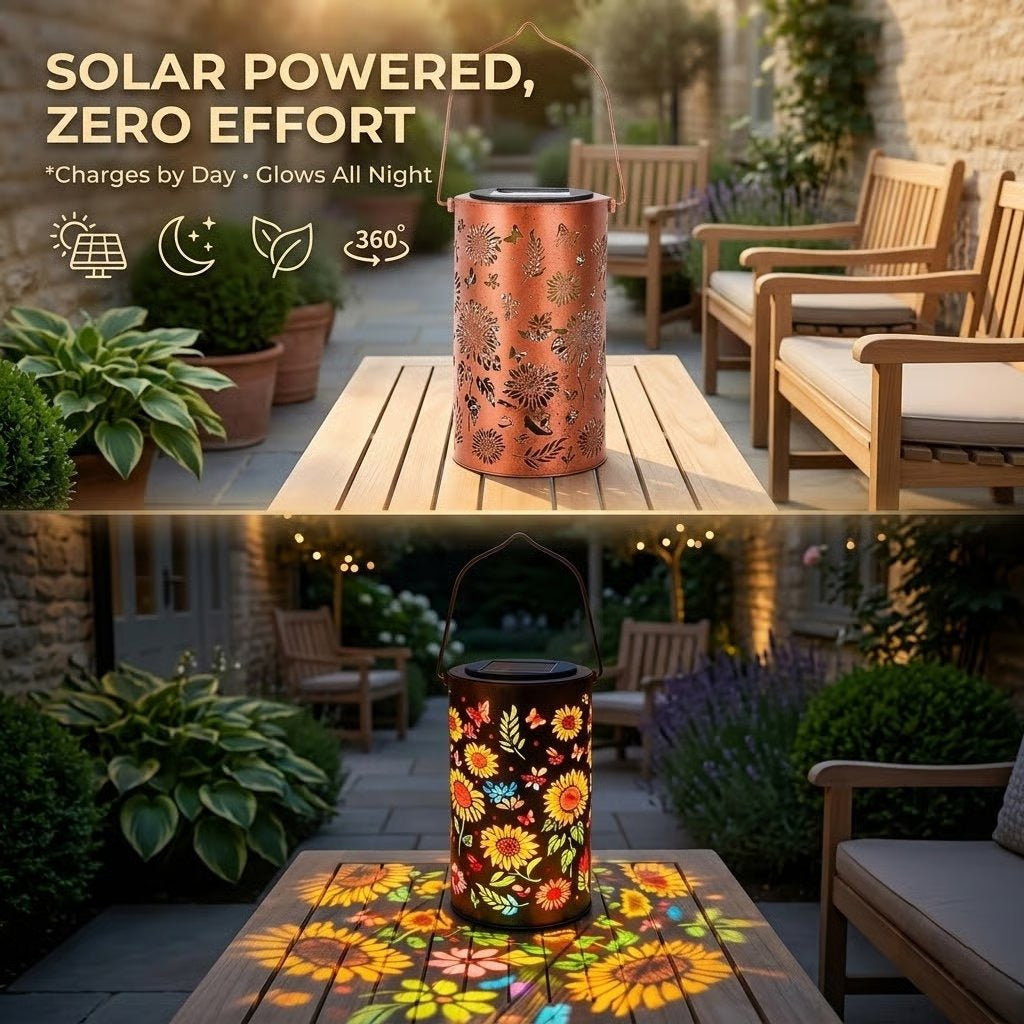 Laterne aus Metall mit Solarbetrieb, bunte Lichtprojektion für den Garten - Ansicht 6
