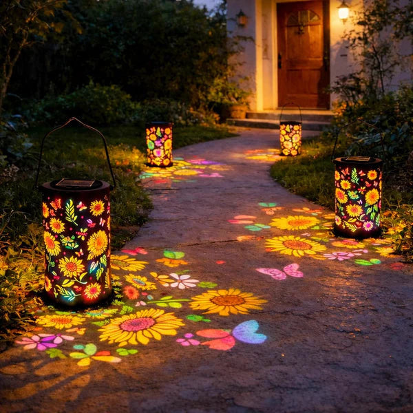 Laterne aus Metall mit Solarbetrieb und Sonnenblumenmotiven