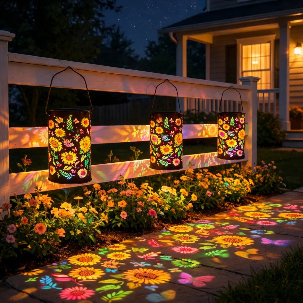 Laterne aus Metall mit Solarbetrieb und Sonnenblumenmotiven