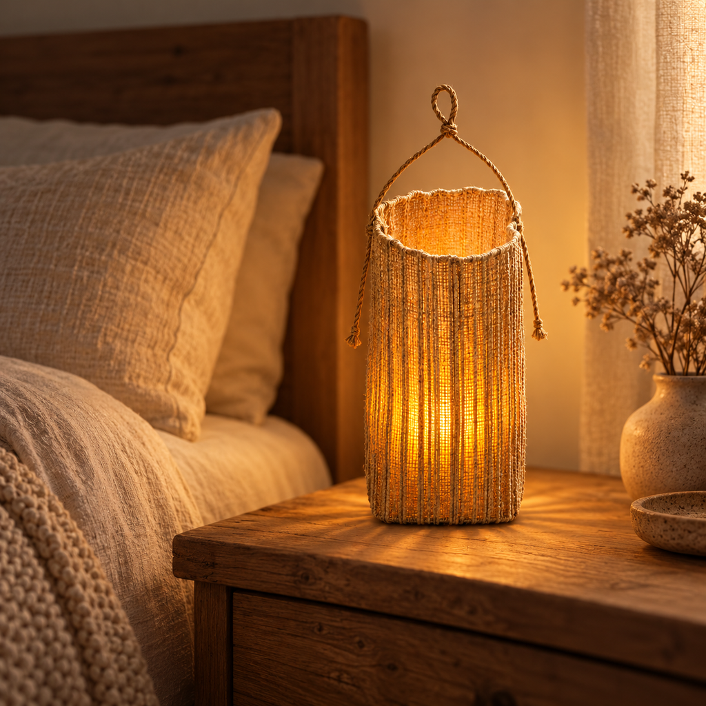 Laterne aus Naturfasern, handgeflochten mit warmweissem Batterielicht - Ansicht 2