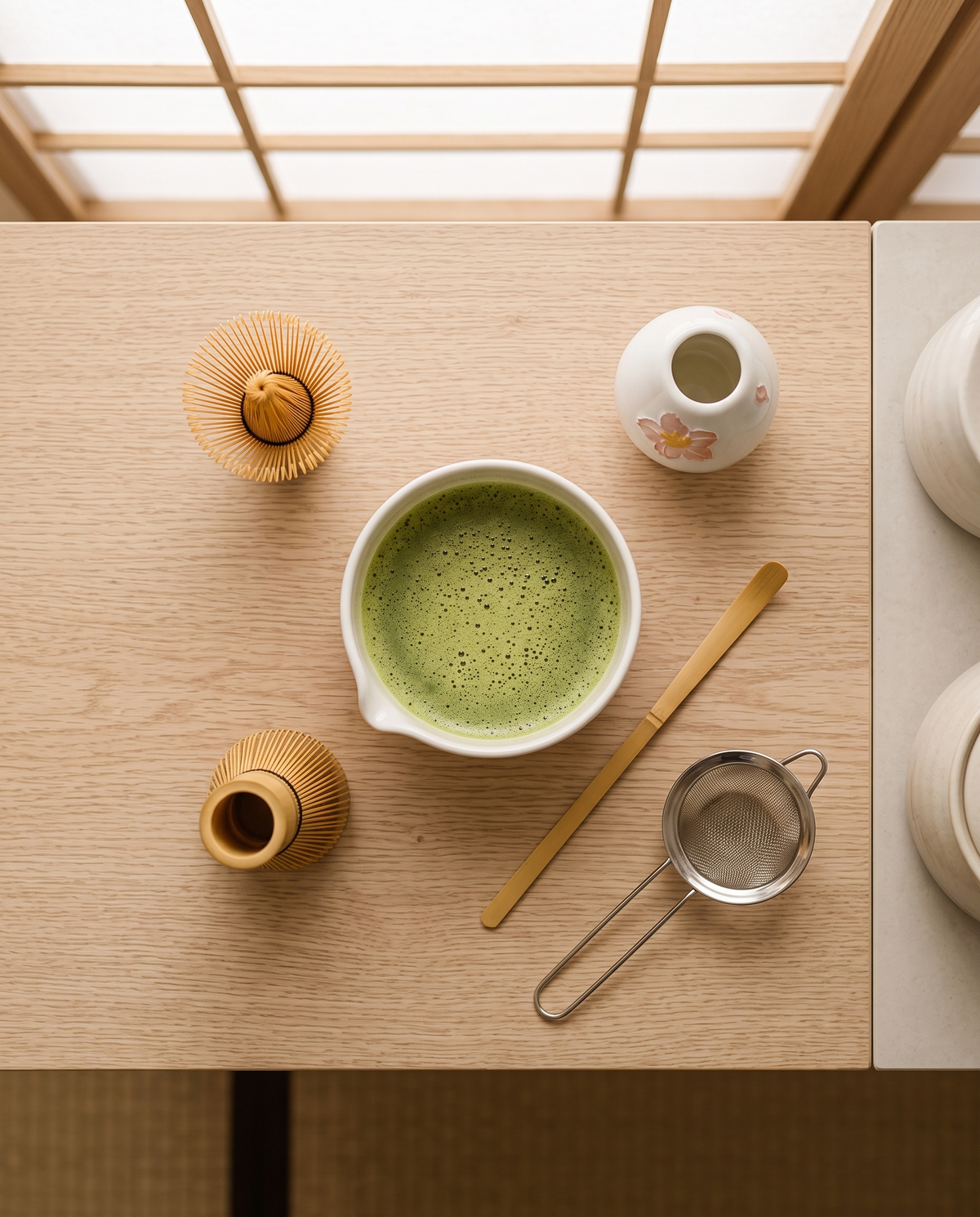 Matcha Set aus Keramik und Bambus mit Kirschblütenmotiv - Ansicht 2