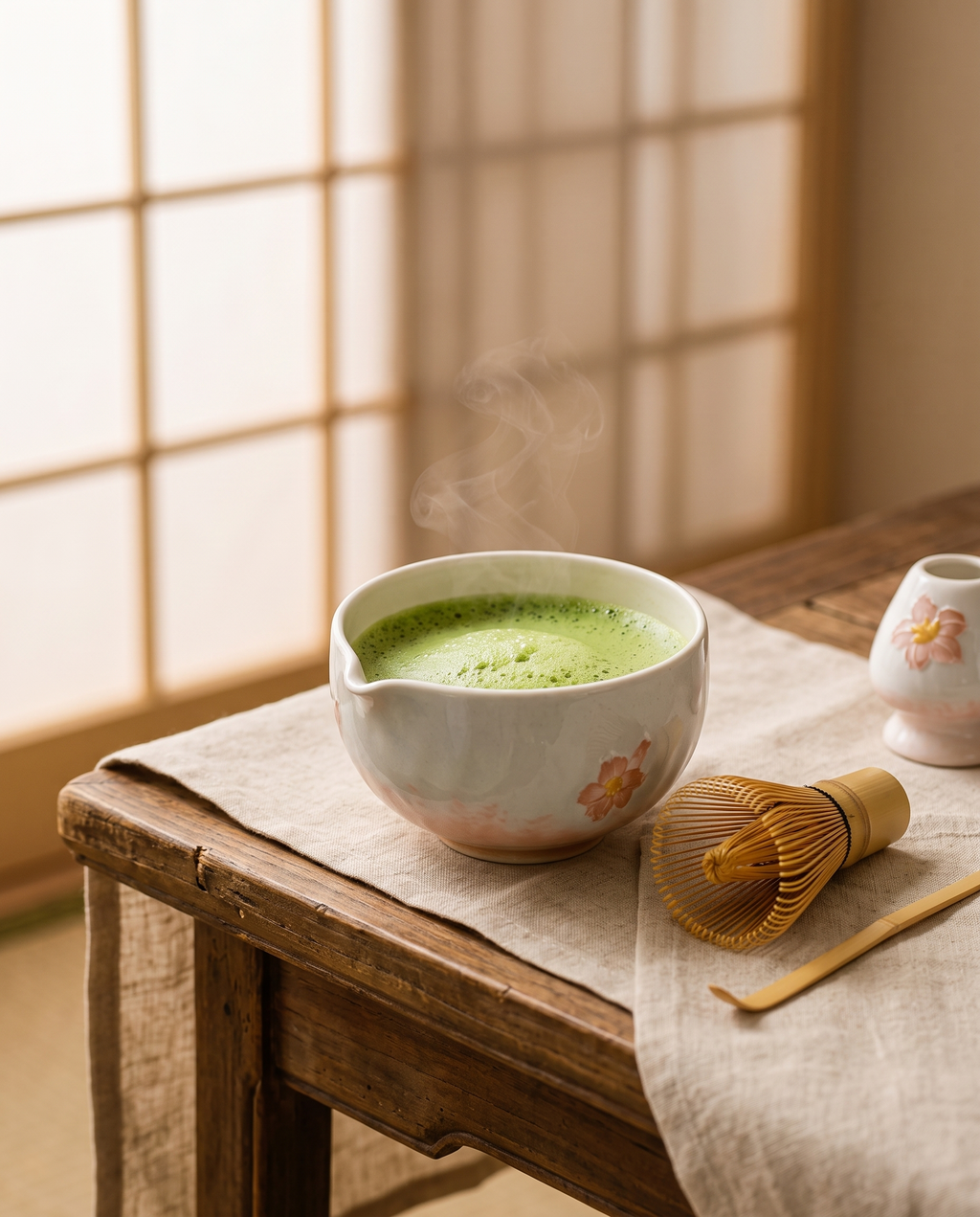 Matcha Set aus Keramik und Bambus mit Kirschblütenmotiv - Ansicht 4