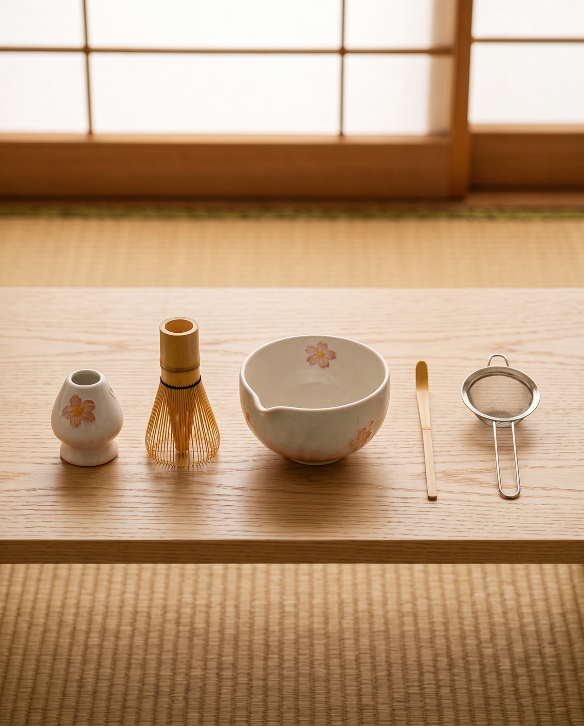 Matcha Set aus Keramik und Bambus mit Kirschblütenmotiv - Ansicht 5
