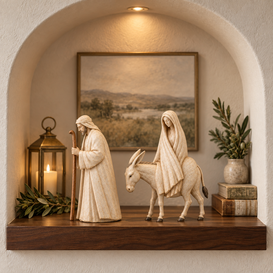 Skulptur in Holzoptik, Krippenfiguren zur Reise nach Bethlehem