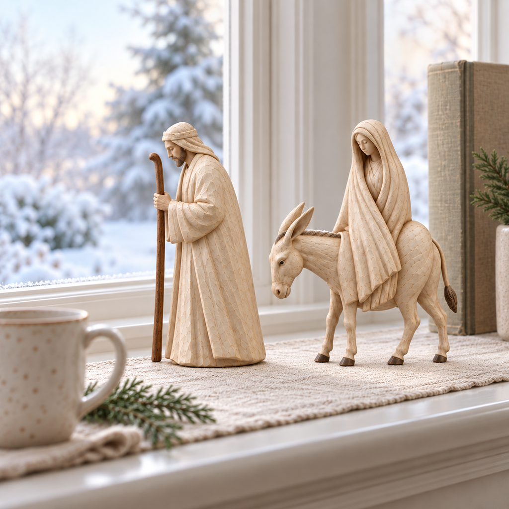 Skulptur in Holzoptik, Krippenfiguren zur Reise nach Bethlehem