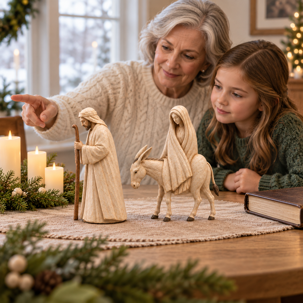 Skulptur in Holzoptik, Krippenfiguren zur Reise nach Bethlehem