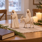 Skulptur in Holzoptik, Krippenfiguren zur Reise nach Bethlehem