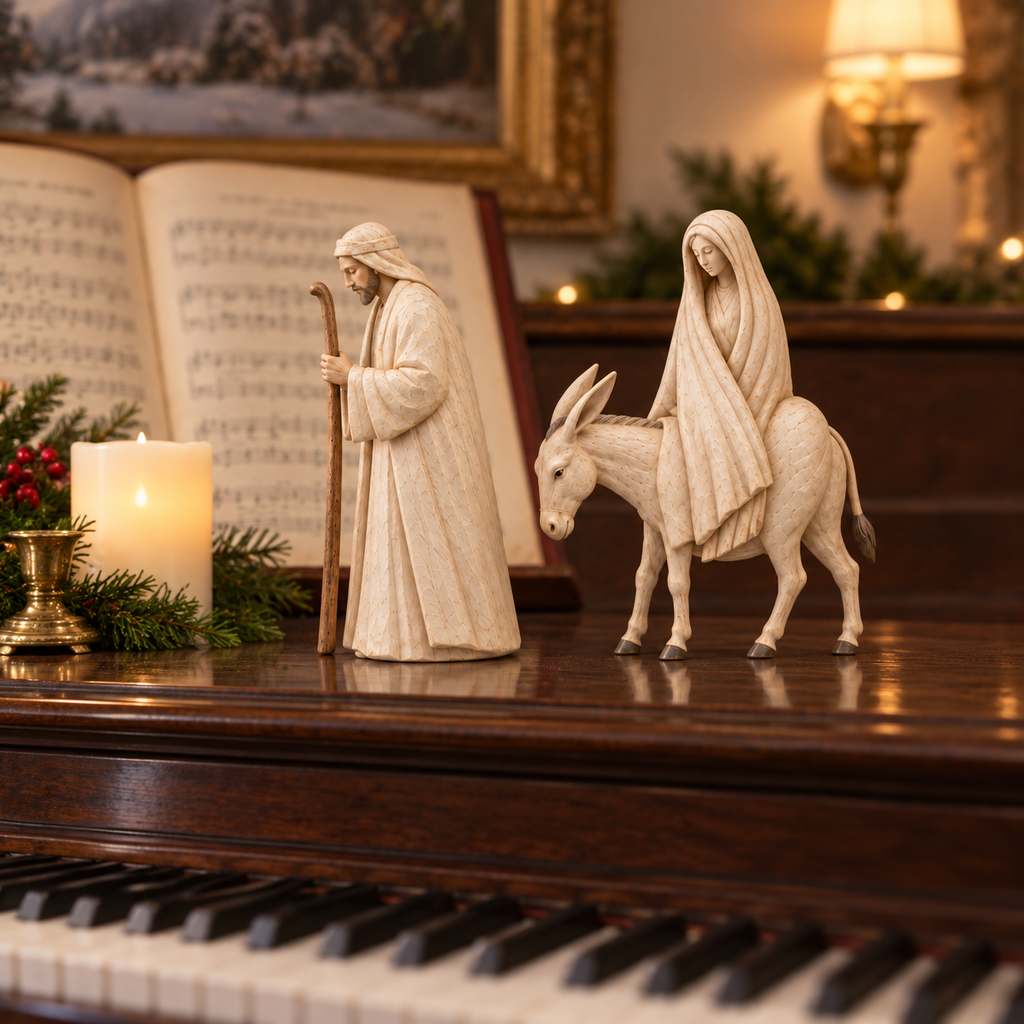 Skulptur in Holzoptik, Krippenfiguren zur Reise nach Bethlehem
