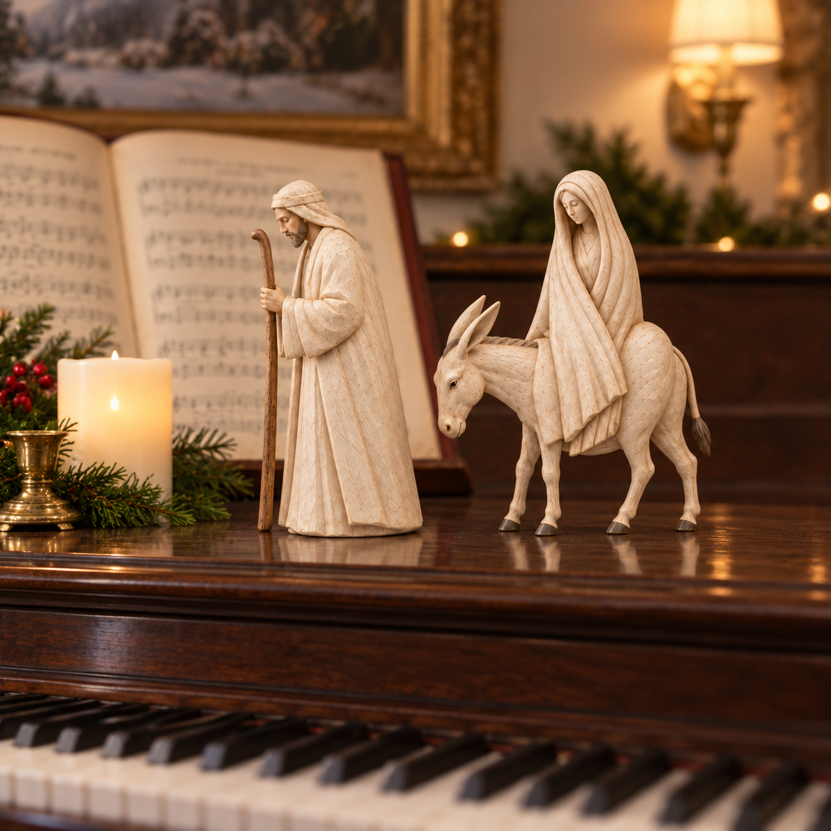 Skulptur in Holzoptik, Krippenfiguren zur Reise nach Bethlehem
