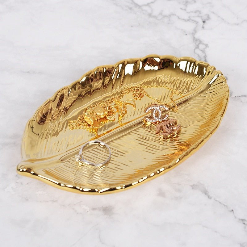 Tablett aus Keramik in Blattform mit glänzender Metalloberfläche - Ansicht 10
