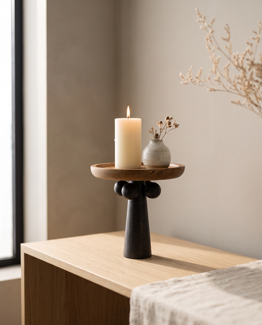 Tablett aus Massivholz mit gedrechseltem Standfuss, Dekotablett
