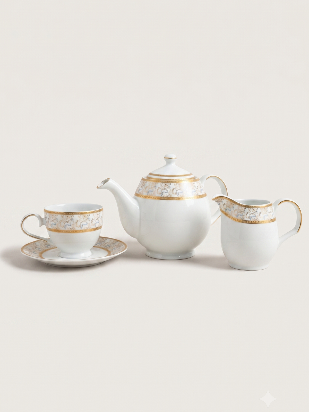 Teekanne aus Porzellan mit Milchkännchen und floralem Golddekor - Ansicht 5