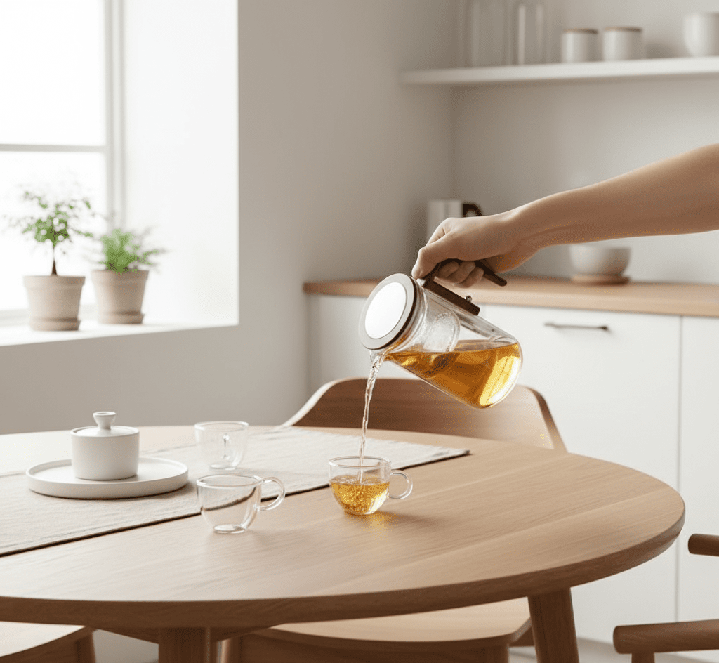 Teekanne hitzebeständig mit Edelstahlfilter, tropffreier Ausguss