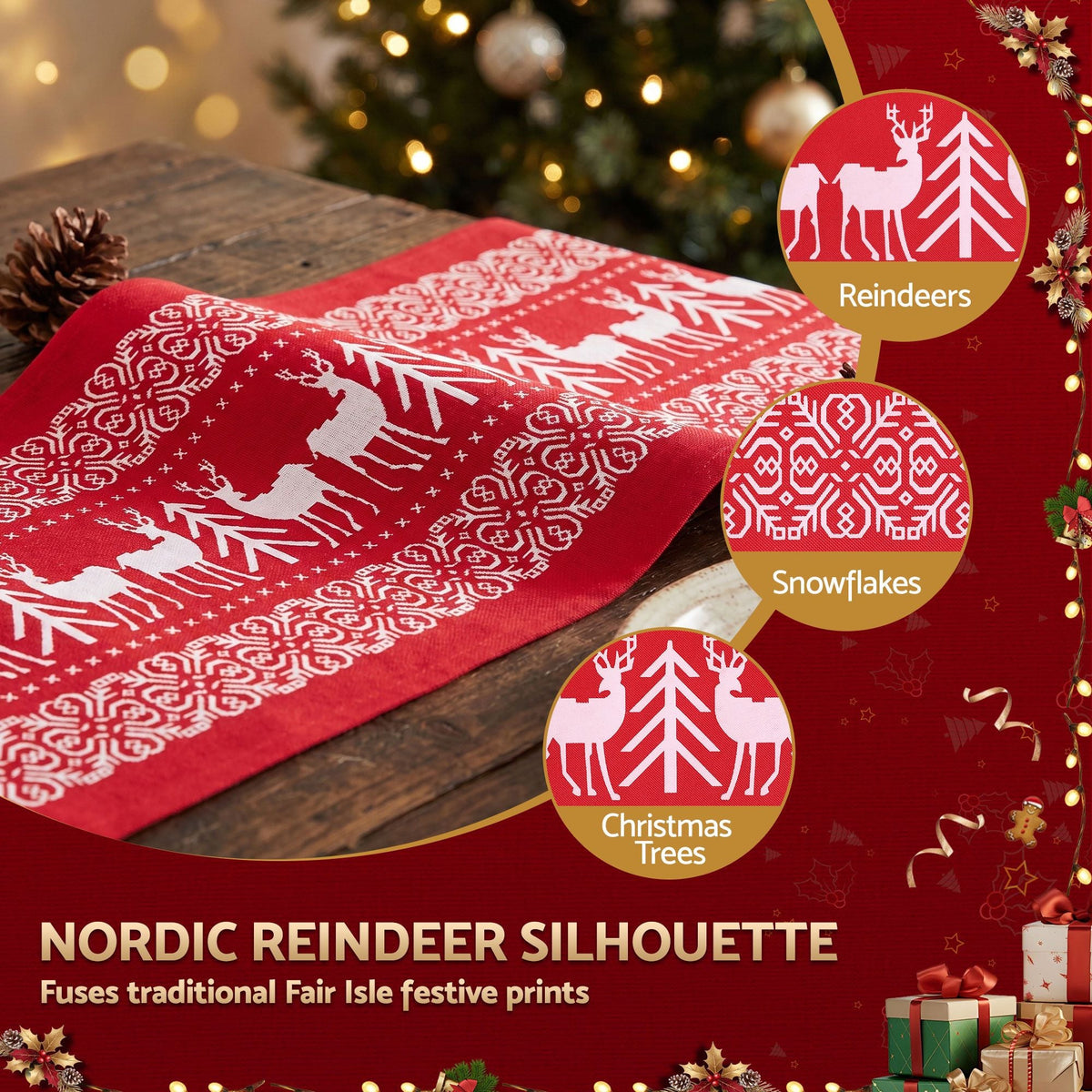Tischläufer für Weihnachten mit Rentiermotiven und nordischem Muster
