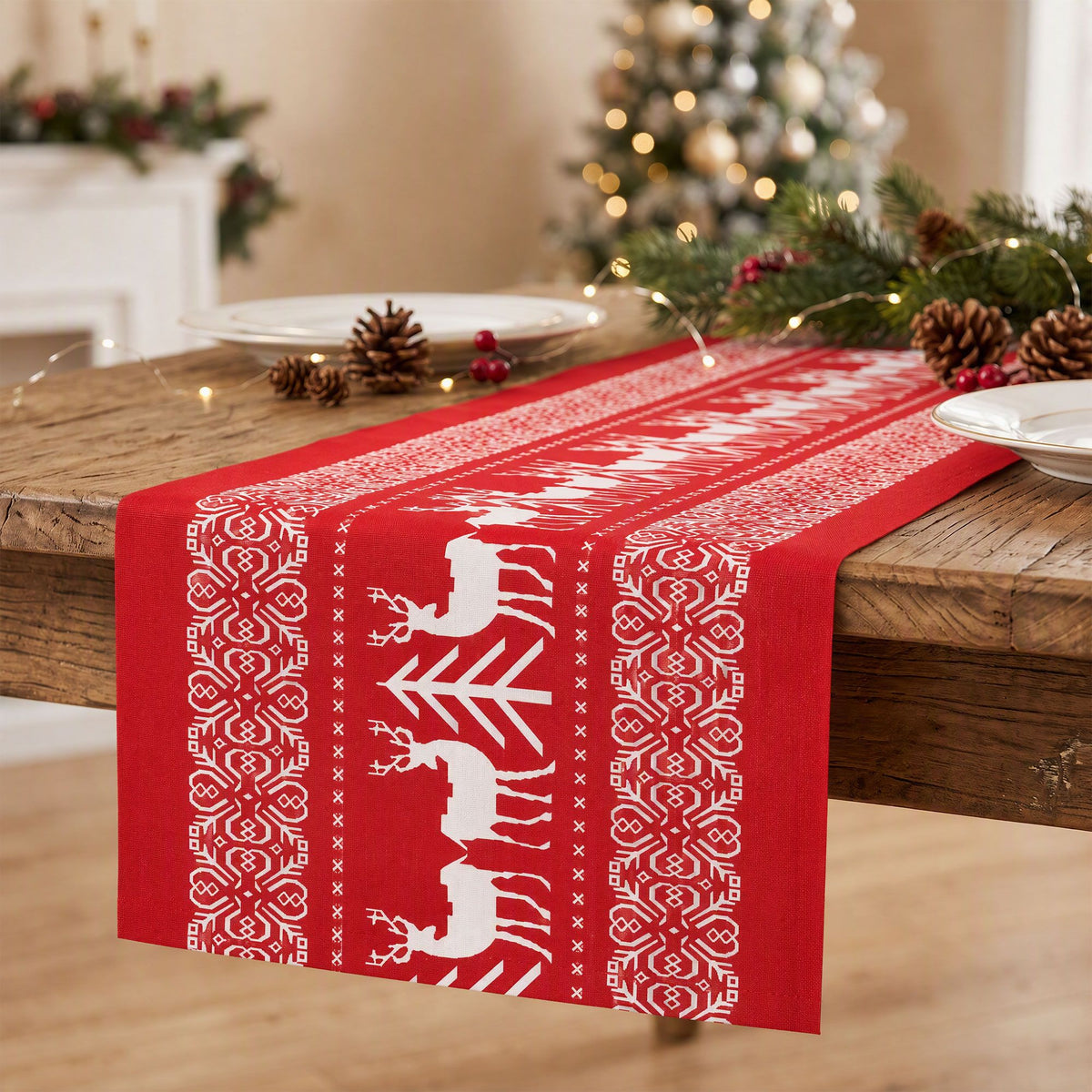 Tischläufer für Weihnachten mit Rentiermotiven und nordischem Muster