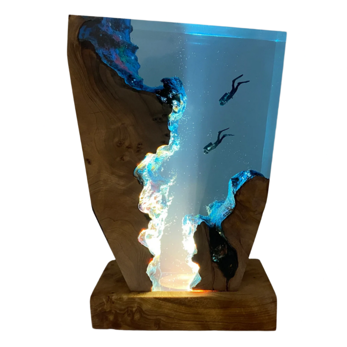 Tischlampe aus Holz mit LED-Beleuchtung und Unterwasser-Szene