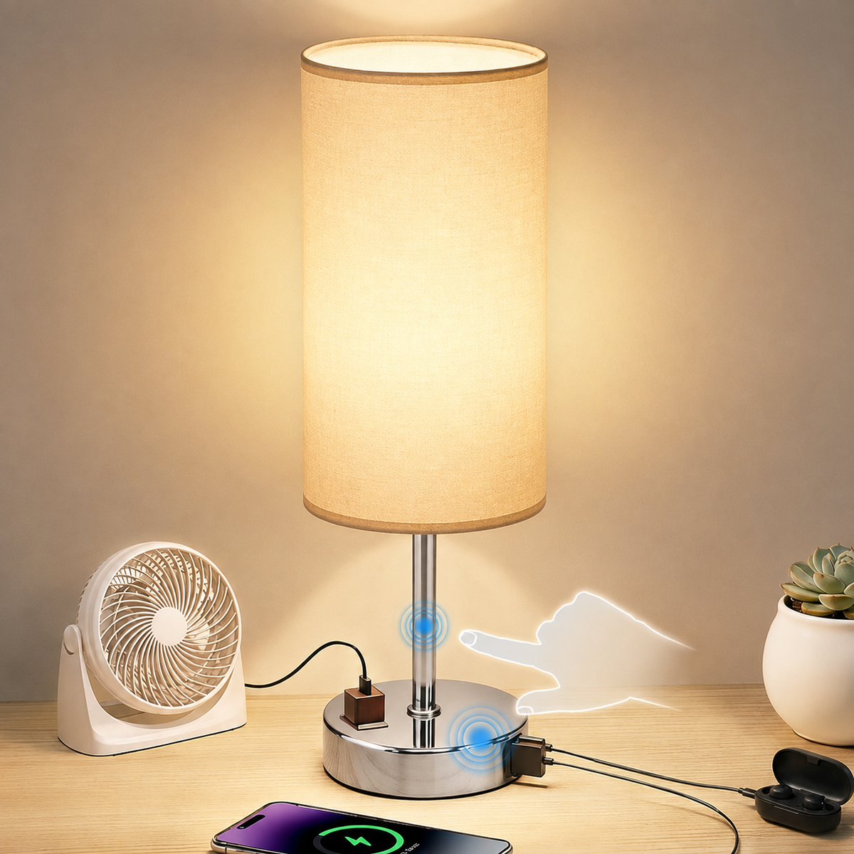Tischlampe dimmbar durch Berührung mit USB-C, USB-A und Steckdose - Ansicht 7