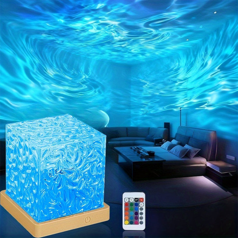 Tischlampe LED in Würfelform mit Wasserwellen-Projektion und Fernbedienung