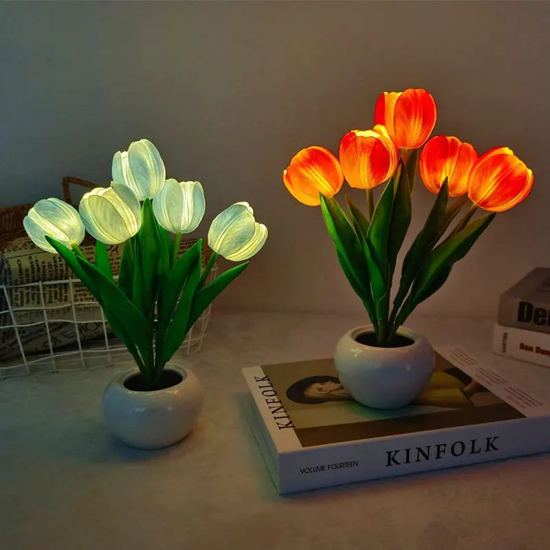 Tischlampe mit LED-Tulpen, warmes Licht und dekorativer Keramik