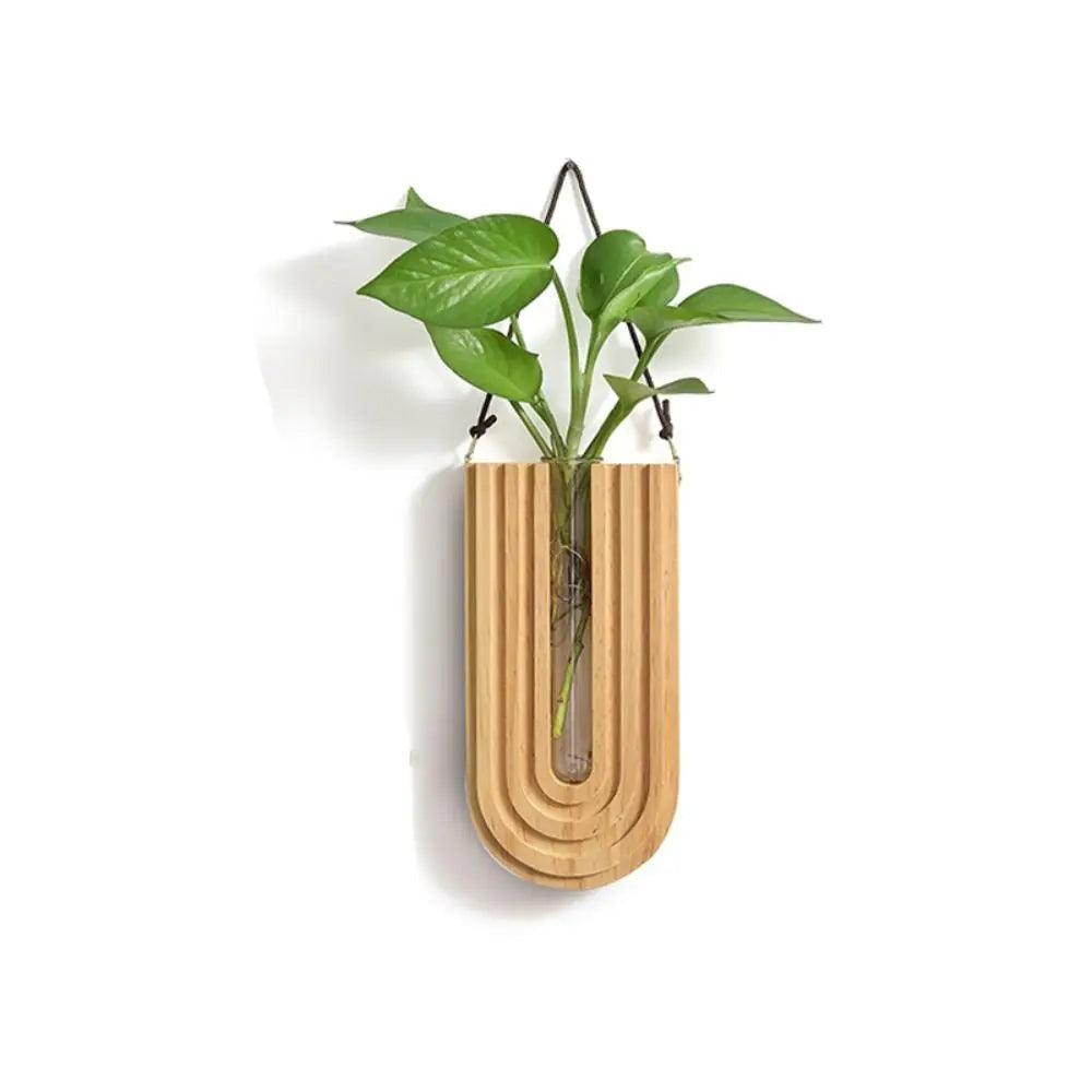 Vase aus Glas mit handgefertigtem Holzrahmen zur Wandmontage
