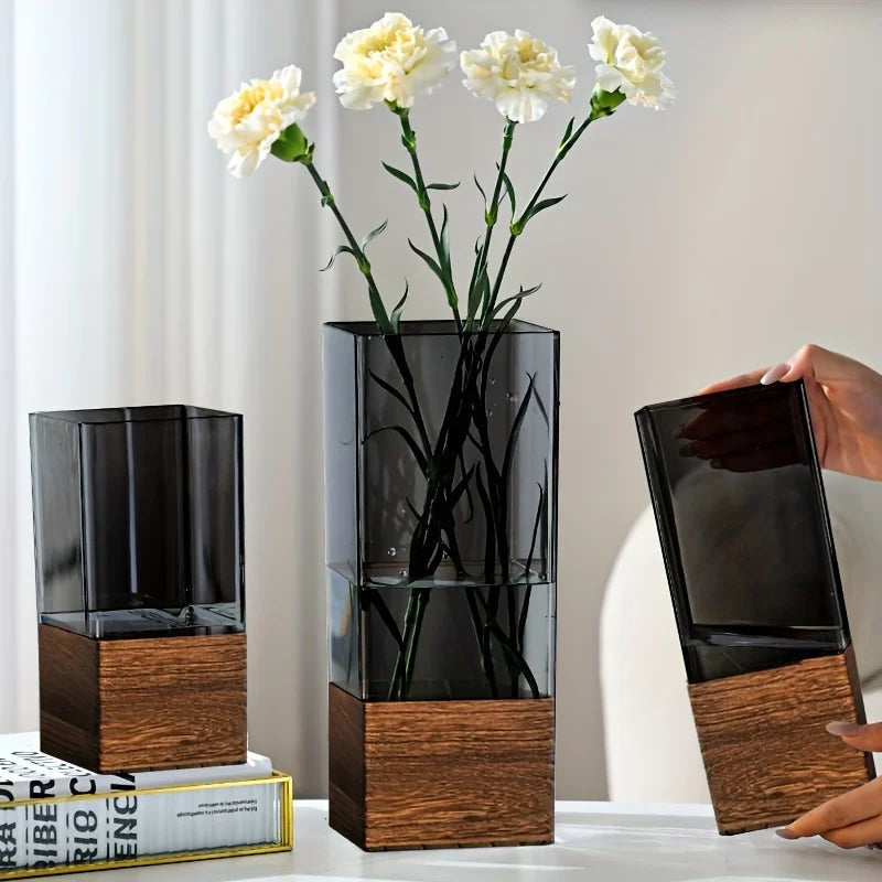 Vase mit Holzsockel, hohe rechteckige Form und abnehmbarem Einsatz - Ansicht 2