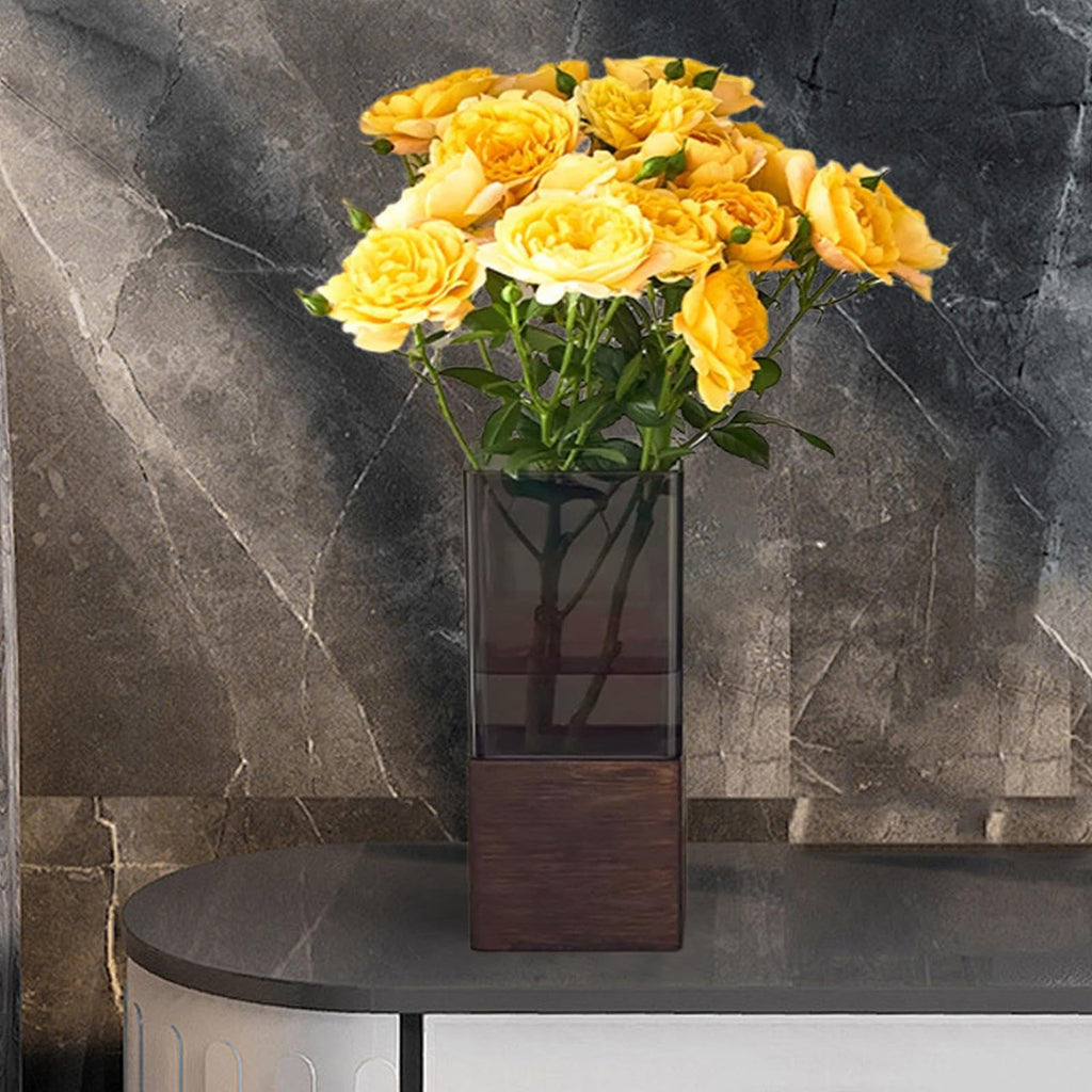 Vase mit Holzsockel, hohe rechteckige Form und abnehmbarem Einsatz - Ansicht 3