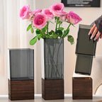 Vase mit Holzsockel, hohe rechteckige Form und abnehmbarem Einsatz - Ansicht 4