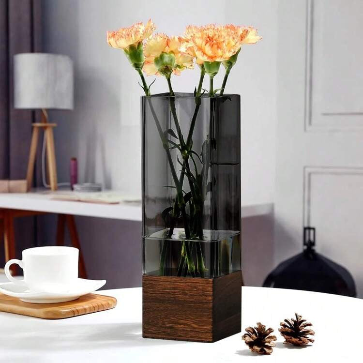 Vase mit Holzsockel, hohe rechteckige Form und abnehmbarem Einsatz - Ansicht 5