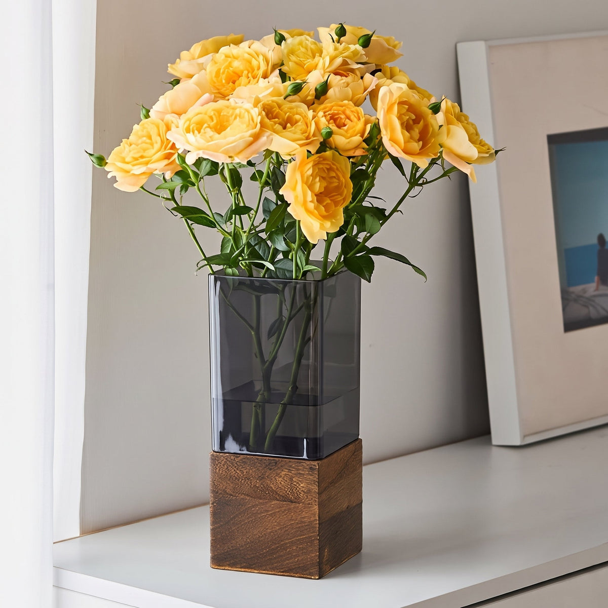 Vase mit Holzsockel, hohe rechteckige Form und abnehmbarem Einsatz - Ansicht 7