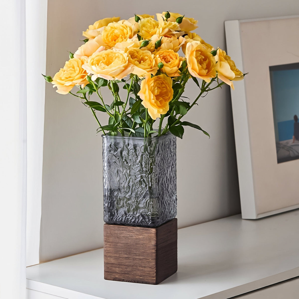 Vase mit Holzsockel, hohe rechteckige Form und abnehmbarem Einsatz - Ansicht 8