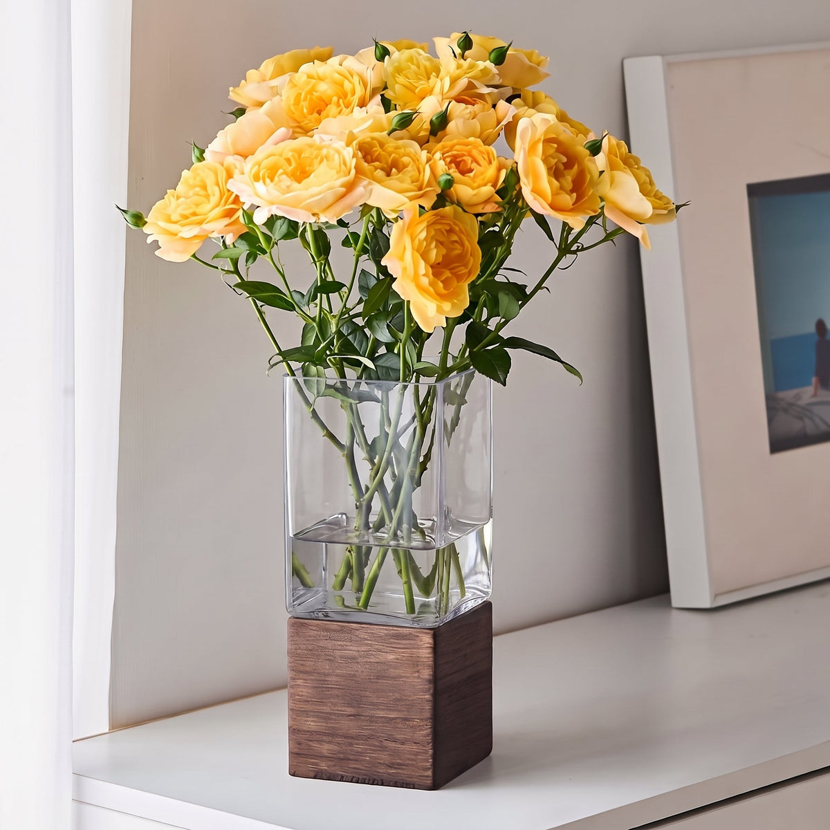 Vase mit Holzsockel, hohe rechteckige Form und abnehmbarem Einsatz - Ansicht 9