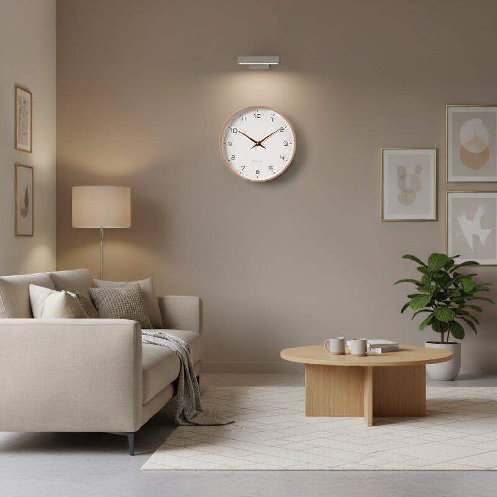 Wanduhr in Holzoptik, rund und leise im skandinavischen Stil - Ansicht 2