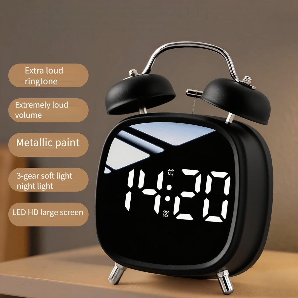 Wecker mit LED-Anzeige, Doppelglocken und extra lautem Alarm - Ansicht 2