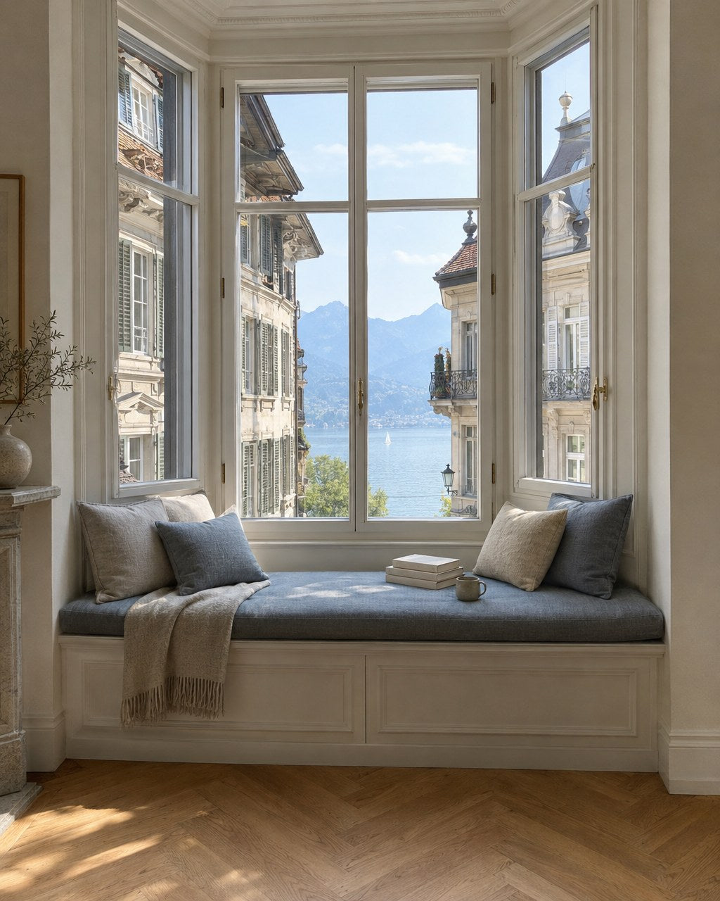 Erkernische mit Sitzbank aus Leinen und Kissen in einer Luzerner Altbauwohnung